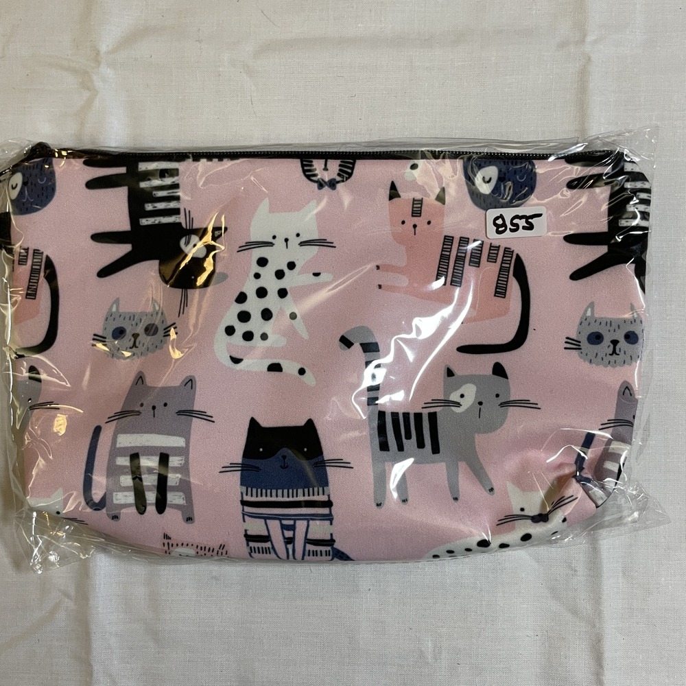 The Pouch Cosmetic Bag Women Small Pink NWT Cat Print Zipper Travel Pouch 8x5